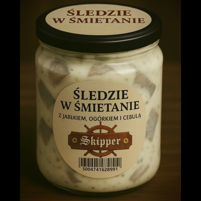 ŚLEDŹ W ŚMIETANIE Z JABŁKIEM, CEBULA I OGÓRKIEM 350 ML (1)